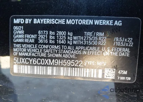 2021 BMW X6 xDrive40I z USA, uszkodzony, nr VIN 5UXCY6C0XM9H59522